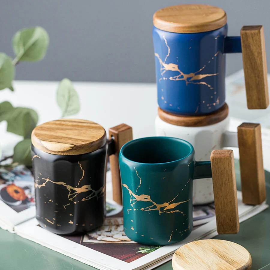 MUZITY Ceramic Coffee Mug Personality Tea Mug Special Design Matt Mug With Wooden Handgrip And Stainless Steel Lid