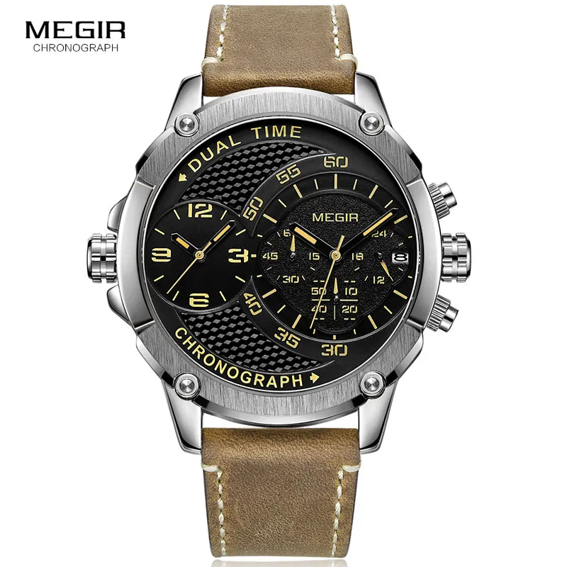 

Men's Double Time Zone Quartz Wrist Watches 24 Hours Chronograph Army Sports Stop Watch Clock Brown Relogios Masculino 2093GBN