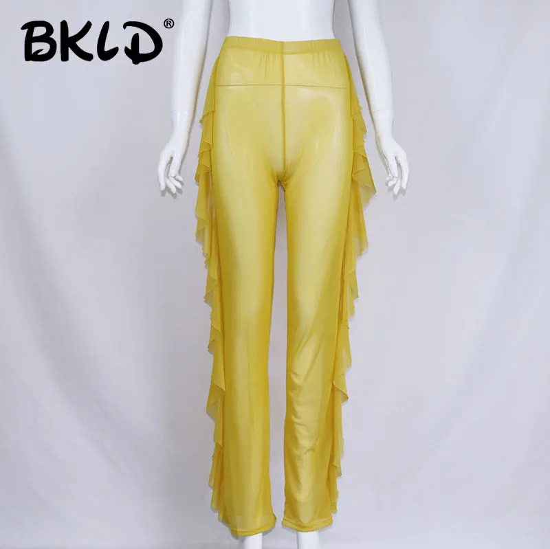 BKLD Summer New Ruffle Trousers For Women Wide Leg Pants Female Bottoms High Waist Casual Womens Beach Transparent Mesh Pants