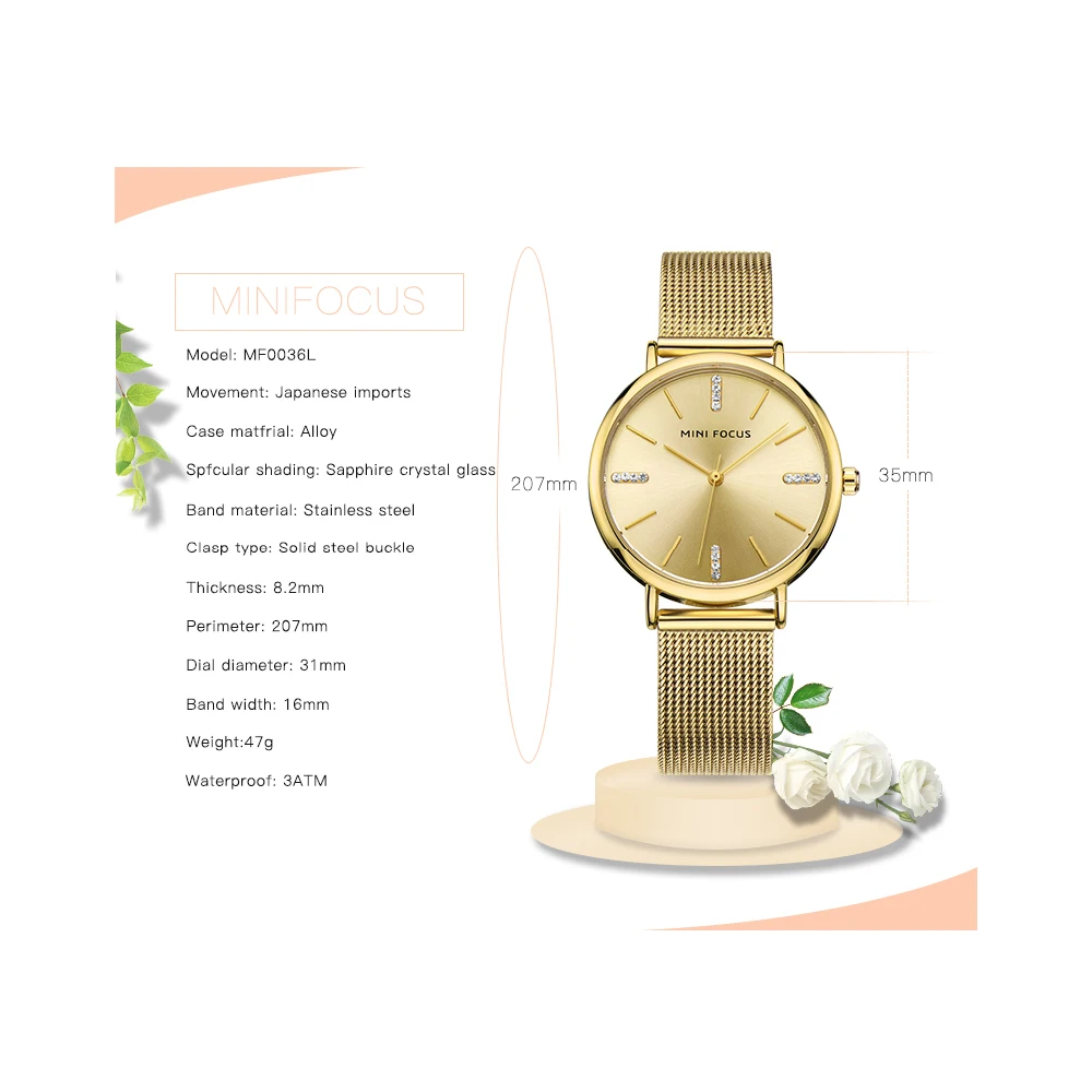 MINI FOCUS Fashion Simple Women Watches Girl Wristwatch Ultra Thin Quartz Watch Woman Stainless Steel Mesh Belt Ladies Clock