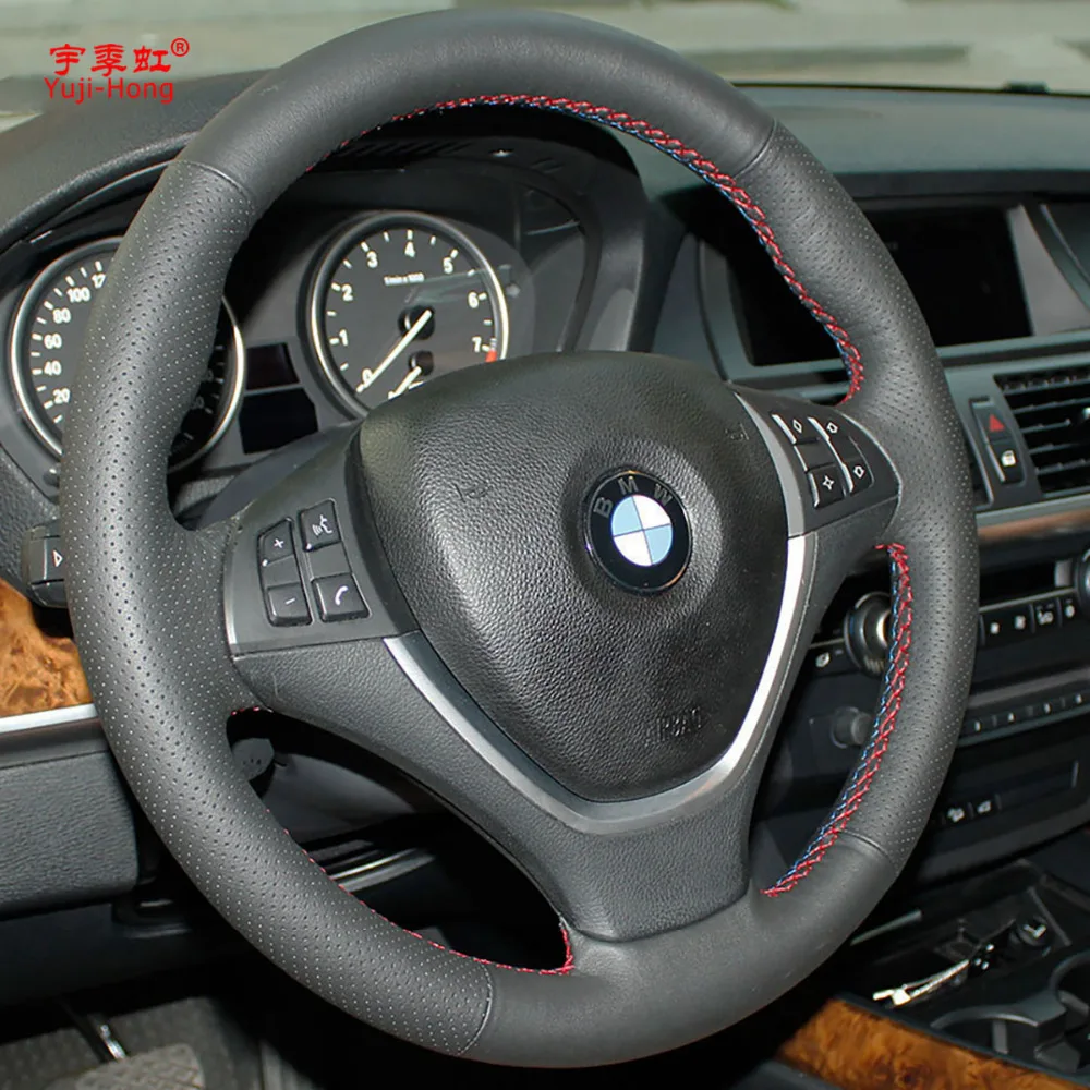 Yuji-Hong Top Layer Genuine Cow Leather Car Steering Wheel Covers Case for BMW X5 X6 E70 E71 2008-2013 Hand-stitched Cover