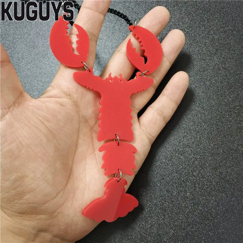 KUGUYS Red Lobster Big Pendant Necklace for Women Men Black Link Chain HipHop Rock Punk Funny Fashion Acrylic Long Jewelry