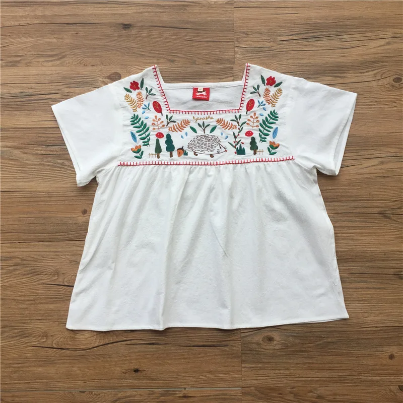 Mori Girl Leaves Gardener Hedgehog Embroidery Floral Ethnic Vintage White Boho Hippie Blouse Loose Tops Blusa Feminina Hot Sale