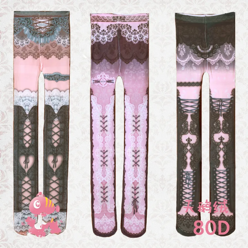 Princess sweet lolita pantyhose Victoria corset printing sexy lace corselet black gothic Vintage print pantyhose LWK04