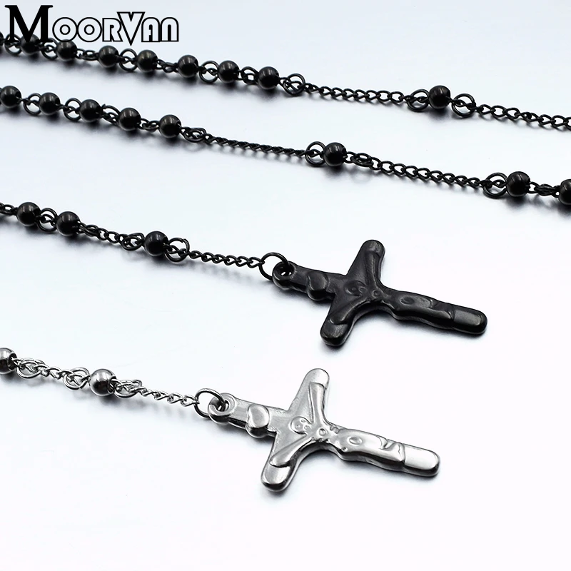 Moorvan 65cm long necklace women stainless steel necklace rosary religious beads jewelry with pray cross mens VRN24