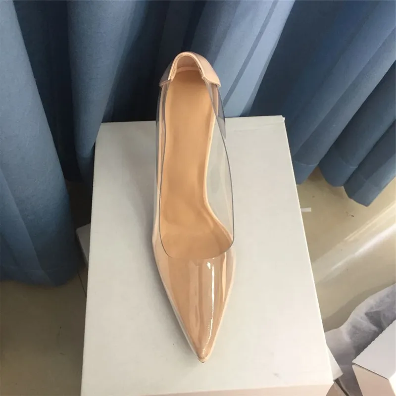 Size 44 Sexy Pvc Clear Women Pumps Pointed Toe Slip On Transparent Bride shoes Women Stiletto High heel Pump 10cm Shoes Woman