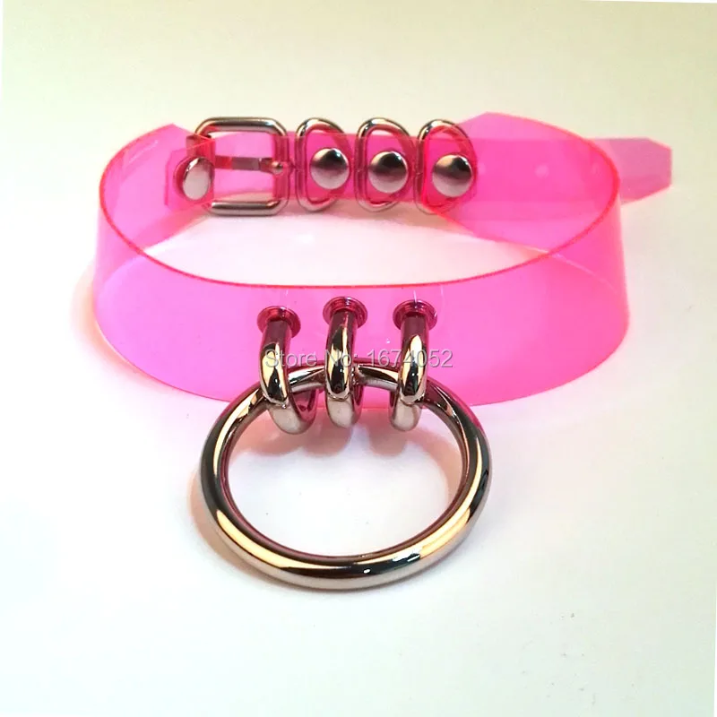 Harajuku Lolita 100% Handmade Pink Vinyl Choker Hanging  Metal Clear PVC Collar Wide Band Necklace