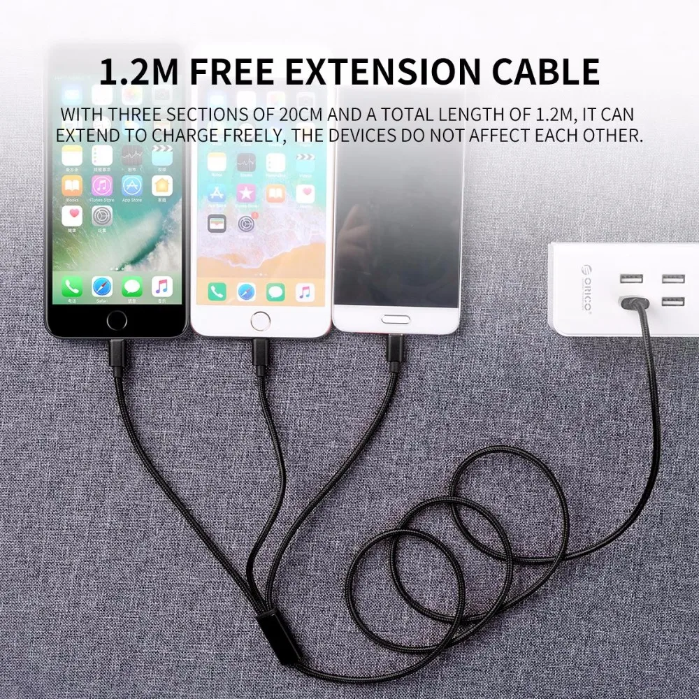 ORICO 3 in 1 Multi Charging Cable USB Cable to Lightning Micro USB Type C Cord Nylon Braided for iPhone Samsung Xiaomi HUAWEI