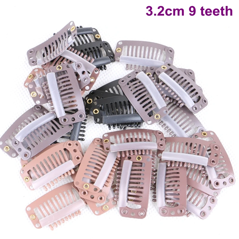 50 Pieces 3.2cm 9 teeth Stainless Steel Hair Extension Silicone Snap Clips ( Black, D Brown, M brown, L brown, Blonde, Silver )