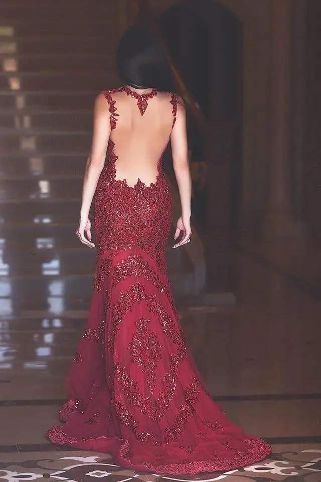 Hot Sale Spaghetti Strap Beaded Lace Applique Long Mermaid Burgundy Prom Dresses 2019 See Through Back Robe De Soiree Longue