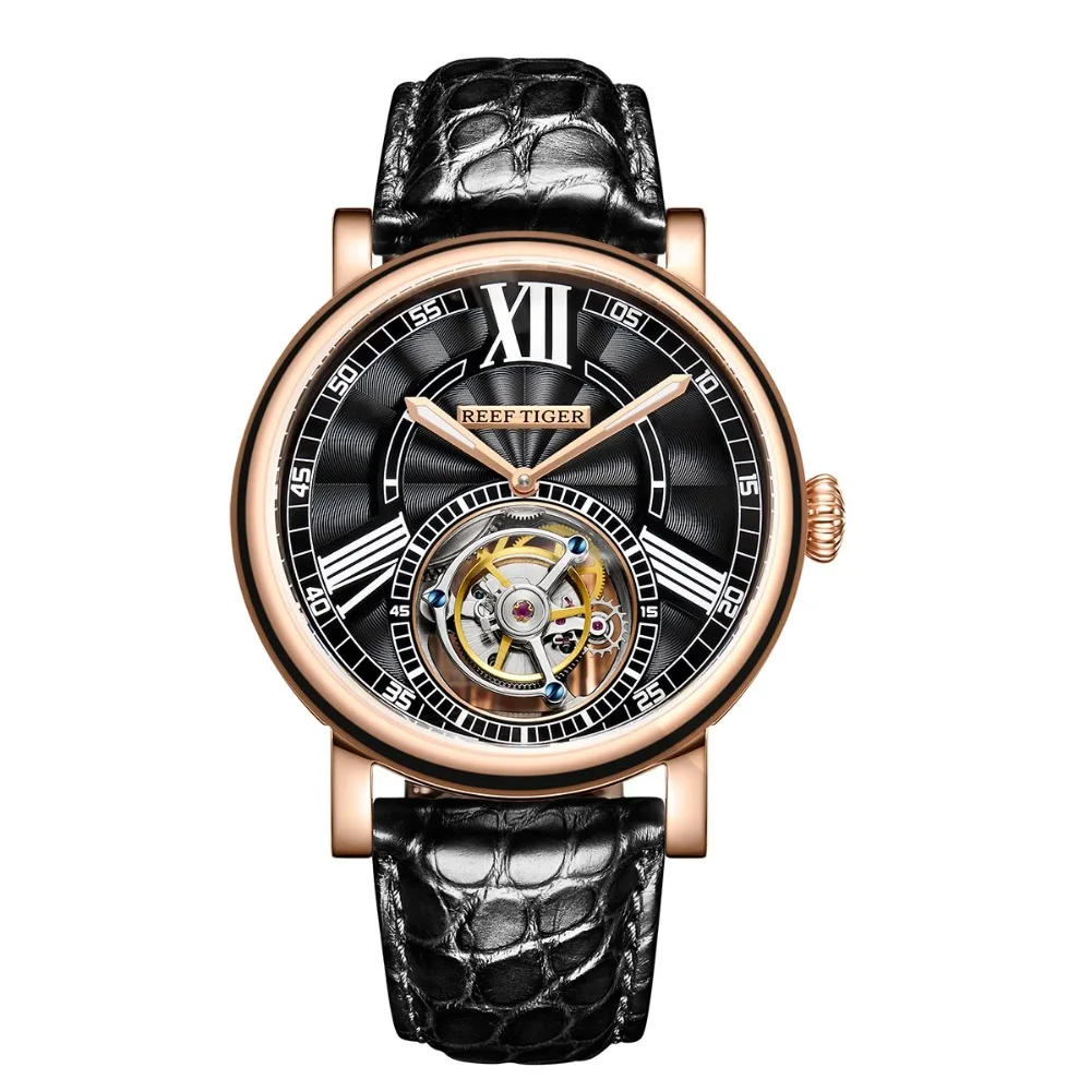 Reef Tiger Classic Serier RGA1999 Men Hollow-out Dial Dress Real Tourbillon Automatic Self-wind Mechanical Wrist Watch -Rosegold