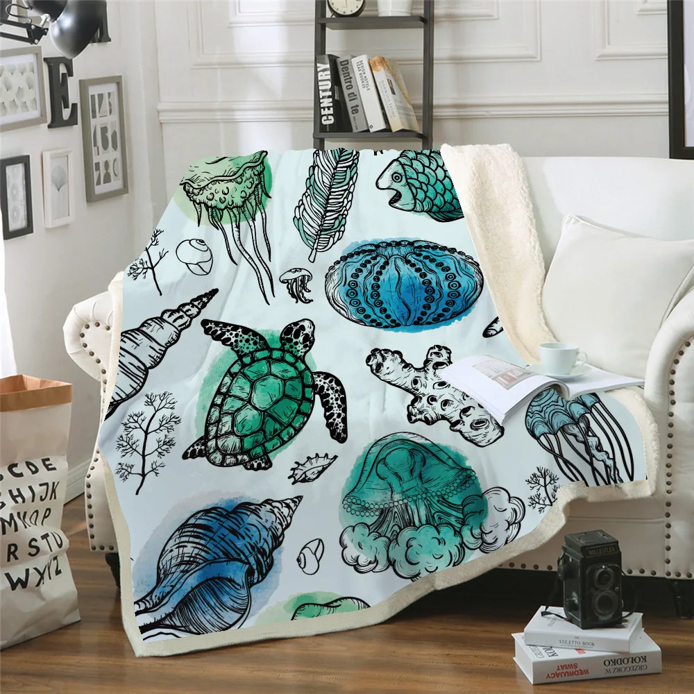 

Sea Turtle Throw 3 D Blanket Marine Animal Sherpa Fleece Blanket Tortoise Fish Bedspreads Ocean Plush Bedding