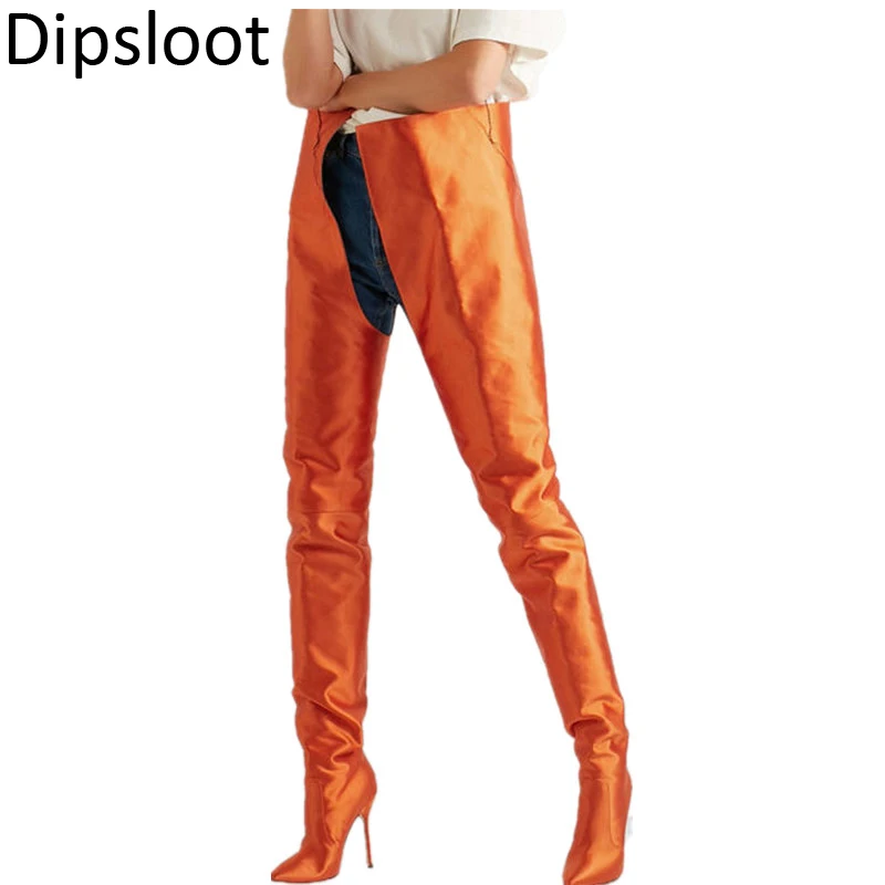 NEW Woman Extreme Long Waist Boots Fluorescence Color Satin Pants Boots Stiletto High Heel Pointed toe Slip on Stage Boots Shoes