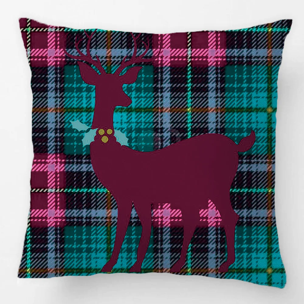 Xmas Deer Holly Wreath GreenBlue Tartan Plaid Throw Pillow Case Decorative Cushion Cover Pillowcase Customize Gift For Car Sofa