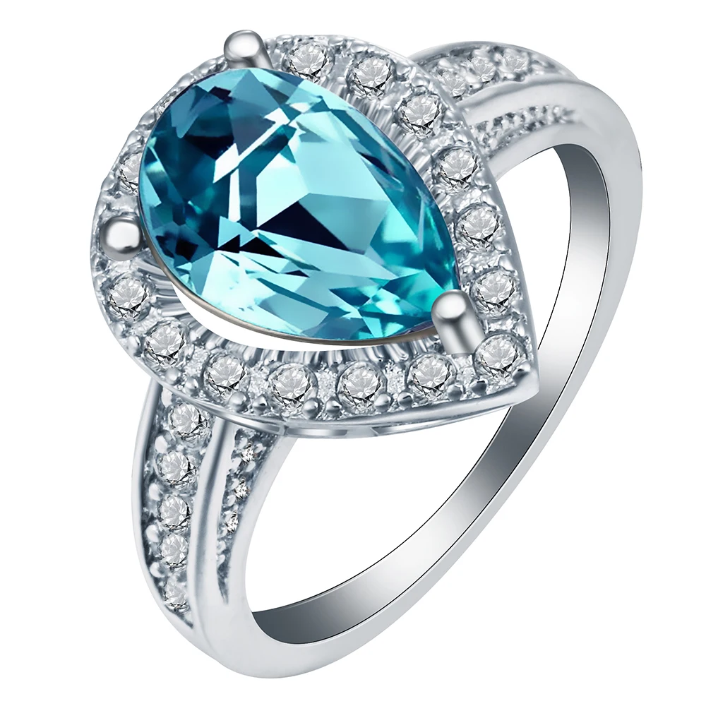 

Hainon Silver Color Finger Ring for Women Bridal Jewelry Accessory Party Gift 2019 Water Drop Shape New Blue CZ Engagement Rings