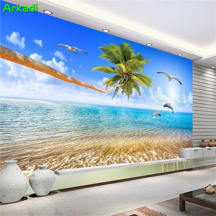 

Custom Mural Wallpaper Beautiful Seascape Beach Blue Sky Sea White Cloud Coconut Tree Love Dolphin Photo Background Mural