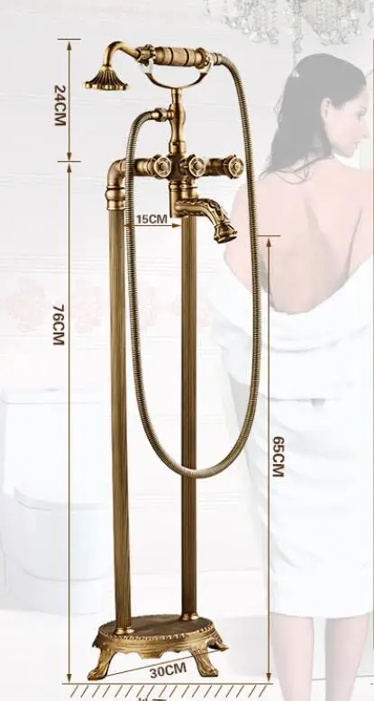 Imagem -02 - Tuqiu Floor Standing Carved Bathtub Faucet Tub Filler Moda Antique Brass Floor Mount com Chuveiro de Mão Banheira Mixer Torneiras