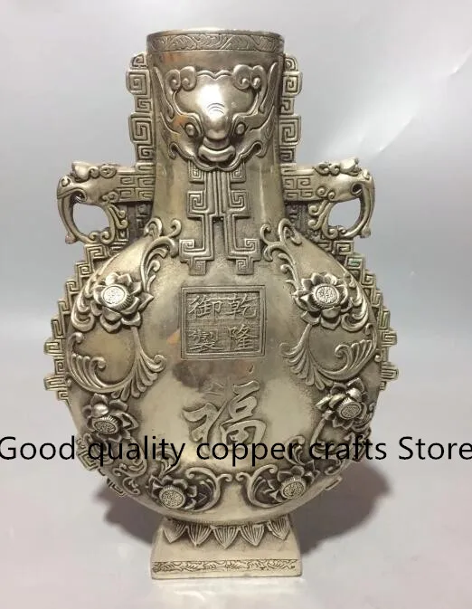 Collect archaize white copper double ear dragon head vase craft statue