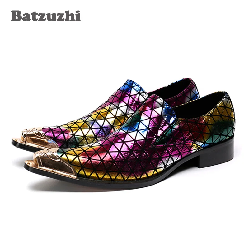 

Batzuzhi New Fashion Men Dress Shoes Italian Pointed Gold Metal Tip Colorful Party Wedding Shoes for Men, Plus size US12 SZ46