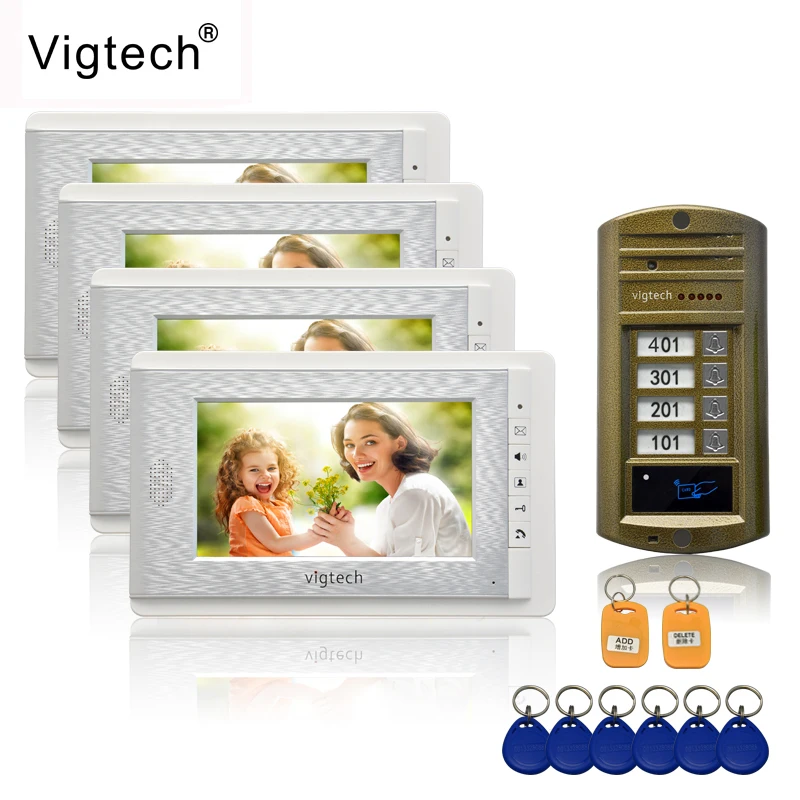 

Vigtech 7'' color multi apartment door intercom system Kit with 4 monitors Call Panel Camera for Home Villa Building Apartment