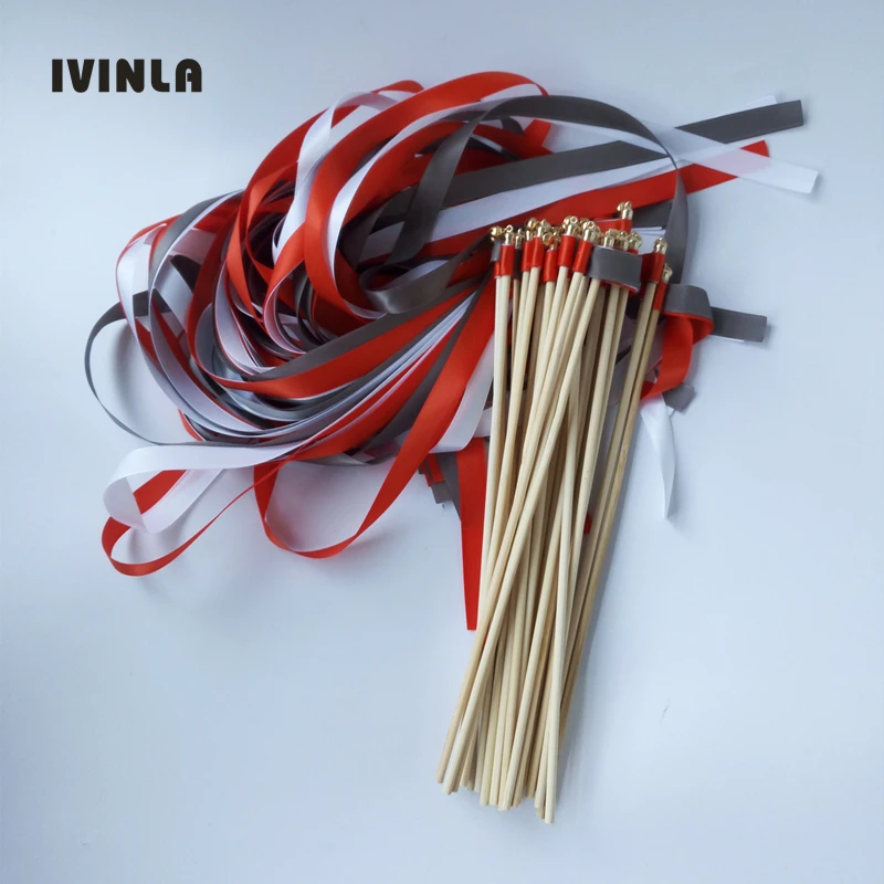 Newest 50pcs/lot orange grey and white ribbon wands with gold bell for wedding decoration