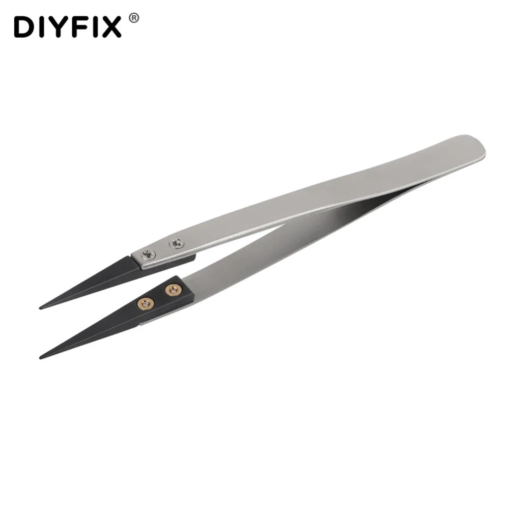 DIYFIX Anti-static E-Cigarette Ceramic Tweezers with Curved & Straight Tips ESD Forceps for Phone Repair BGA Work DIY Tools Kit