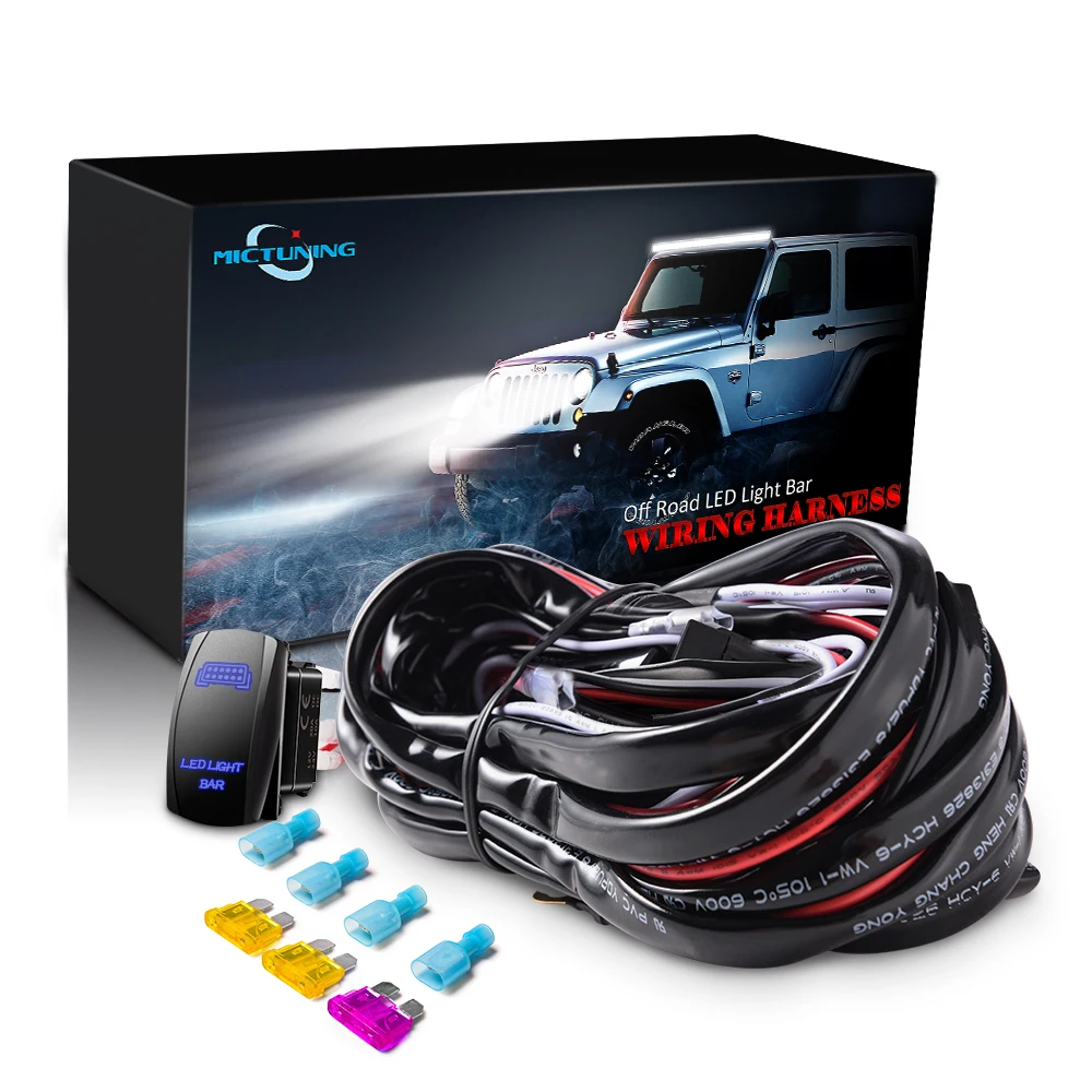 MICTUNING 16AWG 180W LED Light Bar Wiring Harness Fuses With High Quality 40Amp Relay ON-OFF Rocker Switch Blue 2 Lead 5 Colors