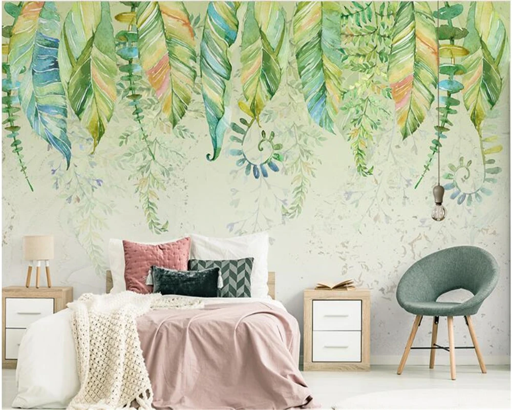 beibehang Fresh fashion personality wall paper green plant watercolor leaf field northern European TV background 3d wallpaper