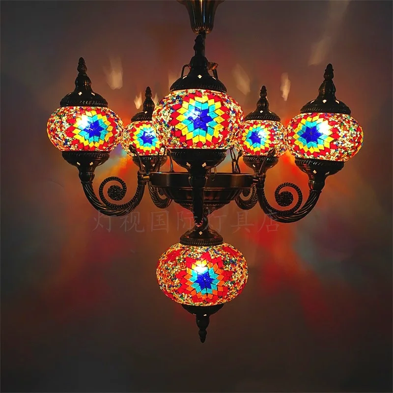 

6 Heads Turkish Chandelier Handmade Cafe Restaurant Bar Bedroom Balcony Lamp Corridor Mosaic Pendant Light Home Decorations