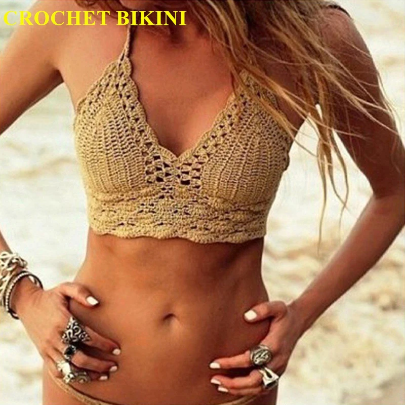 CROCHET BIKINI Sexy Top Handmade Knit Crochet Crop Top Women Summer Swimwear Camisoles Push Up Beach Tanks Halter Yoga Bras