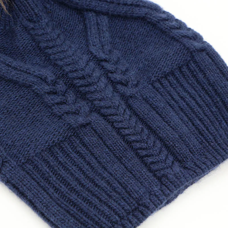 2016 New Style Winter Hats For Women Fashion 100% Wool & Fur Pom Pom Beanies Hats Navy Blue Fur Pompoms Sweater Twisting Hats image 6