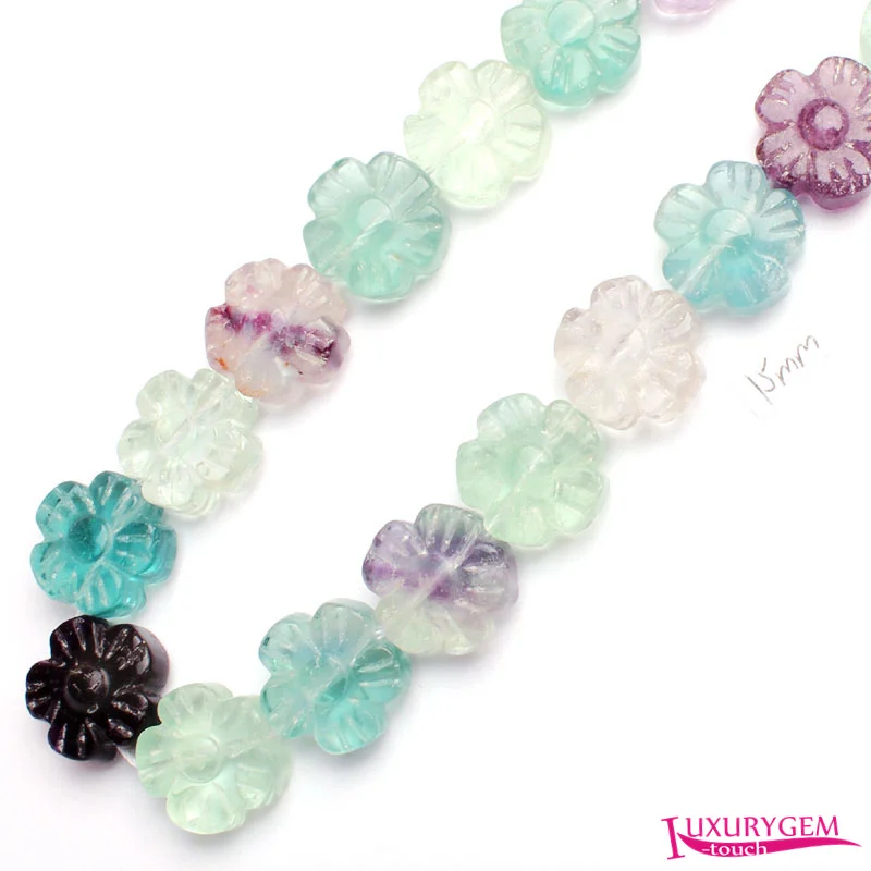 

12mm 15mm Natural Multicolor Fluorite Stone Carving Flowers Flat Shape DIY Loose Beads Strand 15" w3665