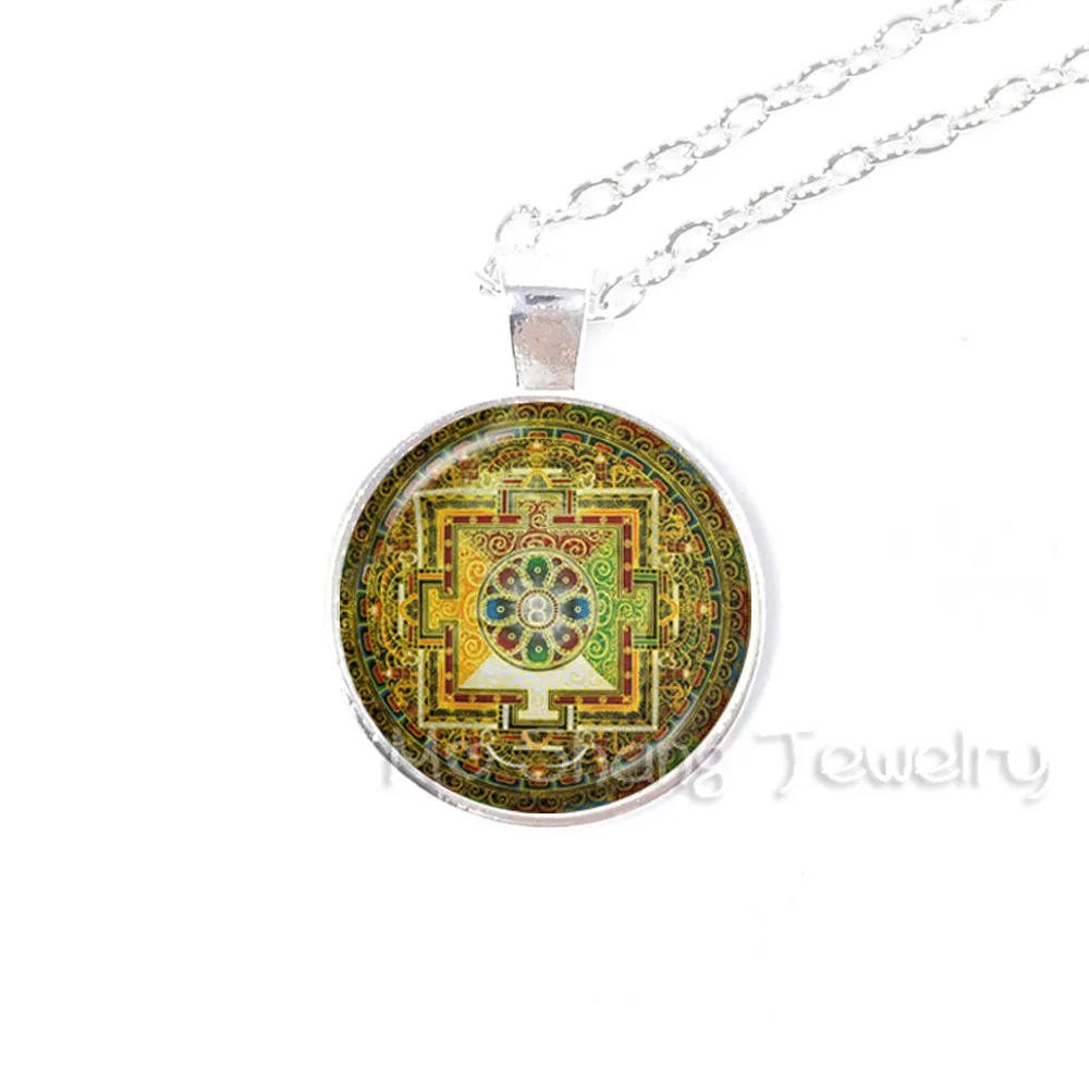 Antique Bronze Plated Necklace Tibetan Buddhist Mandala Glass Dome Pendant Spiritual Sri Yantra Choker India Hinduism Yoga