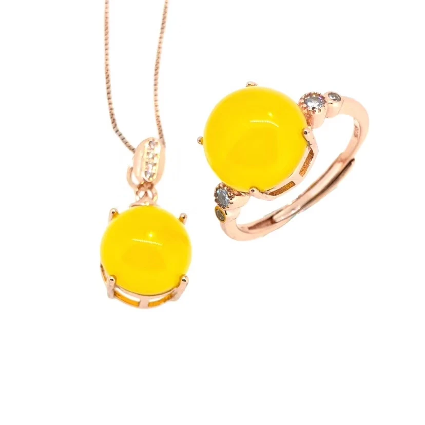 New style Yellow chalcedony gemstone ring and necklace jewelry set with silver promotion price