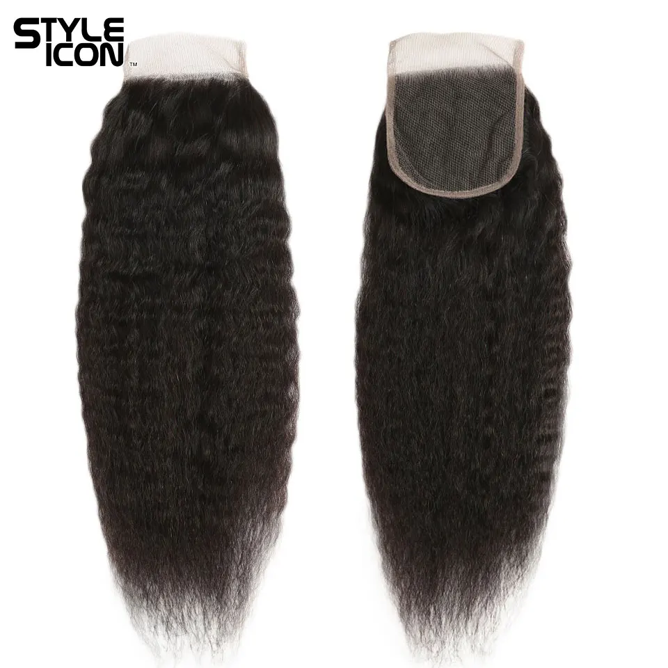 Styleicon 3 Bundles Kinky Straight Hair with Closure 100% Peruvian Human Hair Weave with Lace Closure Non-Remy Hair Weaving