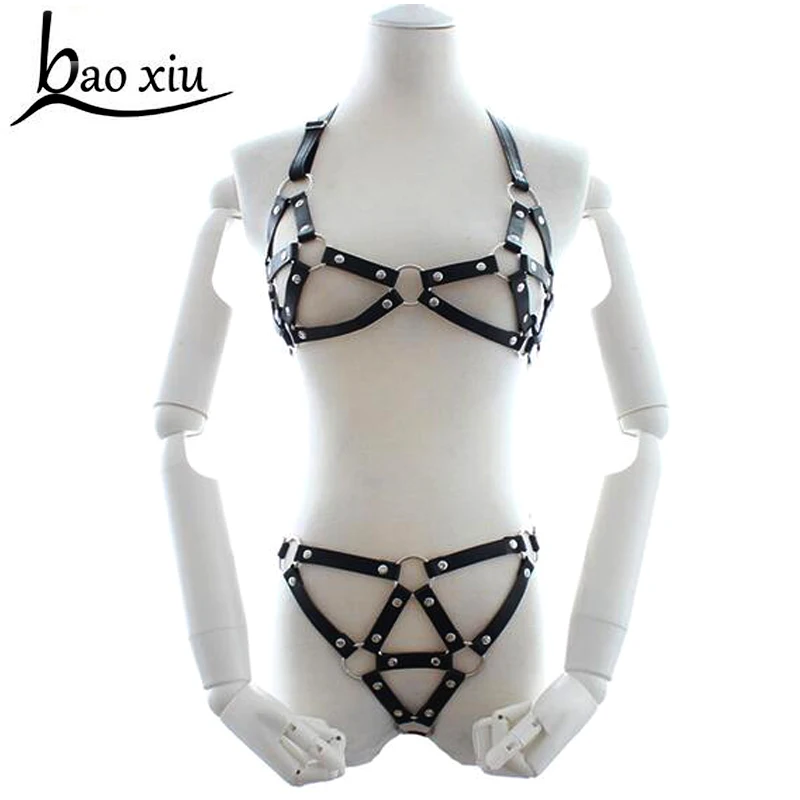 

Hot Halter Real Leather Harness Handcrafted Body Bondage Bra Chest Caged Waist Belt Straps accessories