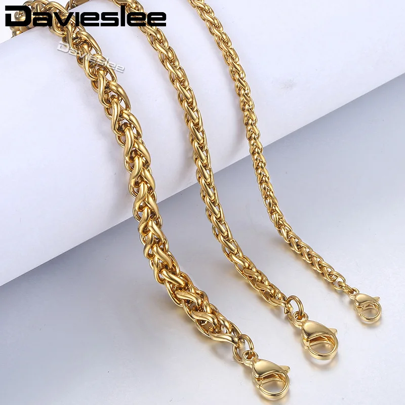 Davieslee Bracelets For Women Men Gold Color Braided Wheat Chain Stainless Steel Bracelet Fashion Woman Jewelry Wholesale KBM138