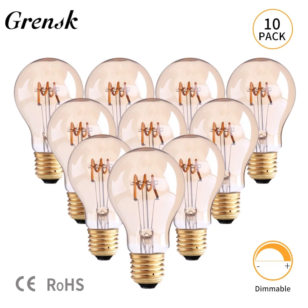 

Grensk Vintage Filament Led Bulb E27 Led Globe Light Dimmable A19 110V 220V Soft LED Lamp 3W Spiral Glass Decoration Bulb 10pack