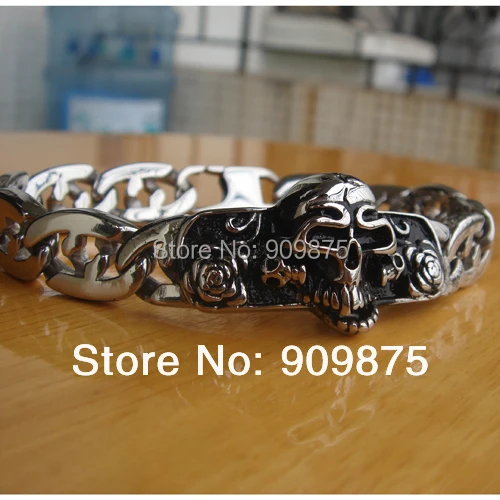 punk cool men/boy's stainless steel skull & rose chain bracelet men jewelry bracelet