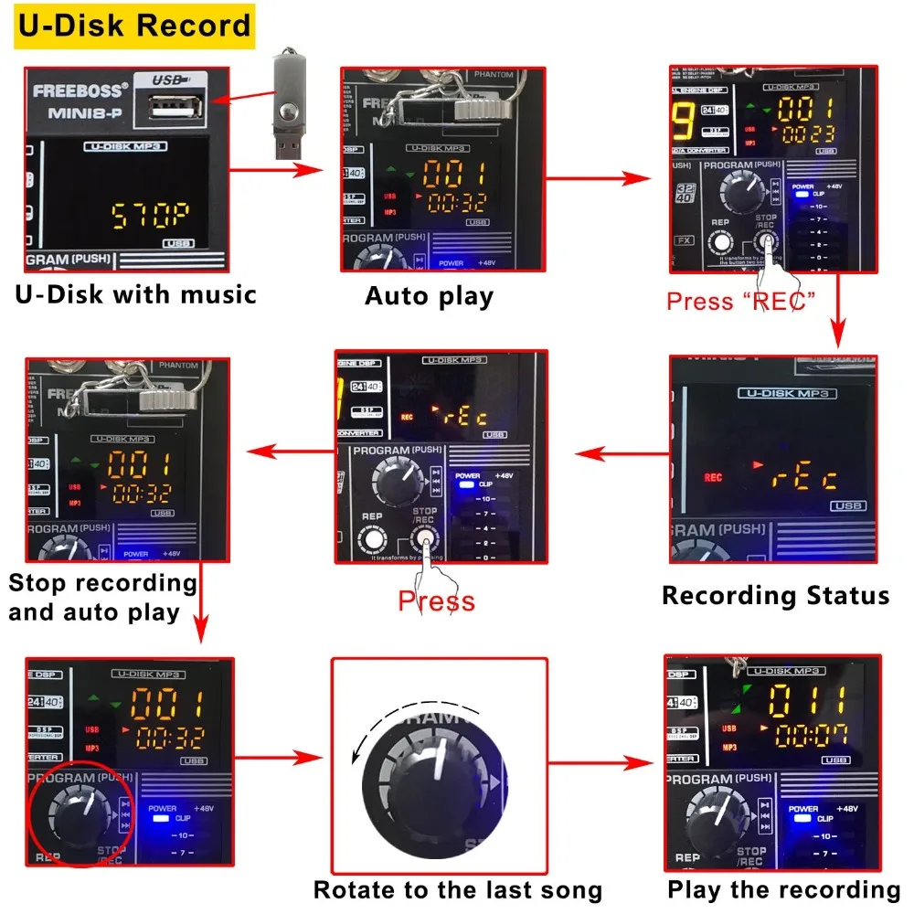 Freeboss MINI8 8 Channels (Mono) Mixing Console with Bluetooth Record 99 DSP effect USB Function Professional Audio Mixer