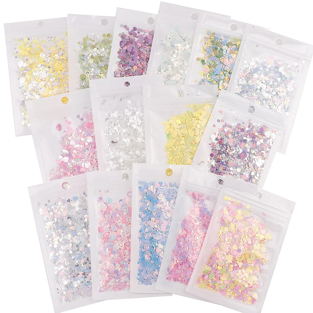 Aproximadamente 10g mezcla de corazón, estrella, concha, flor, brillo para uñas, tamaño mixto, lentejuelas láser ultrafinas, decoración artística de uñas para herramientas de Arte de uñas DIY