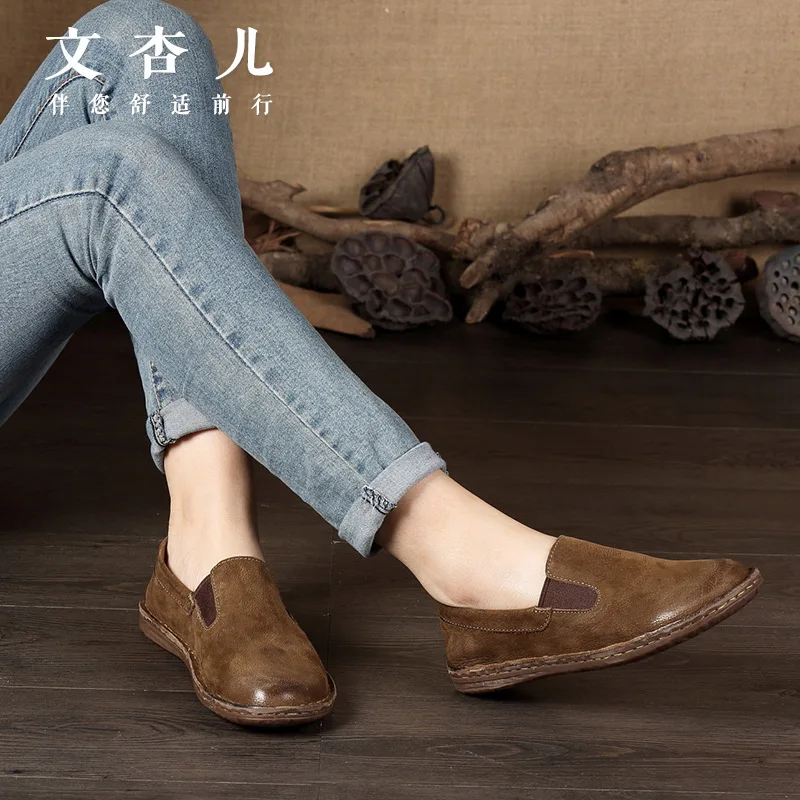 Whensinger -2023 Genuine Leather Women's Flat Shoes Casual Loafers Slip On Women Shoes Flats Soft Moccasins Lady Driving Shoes