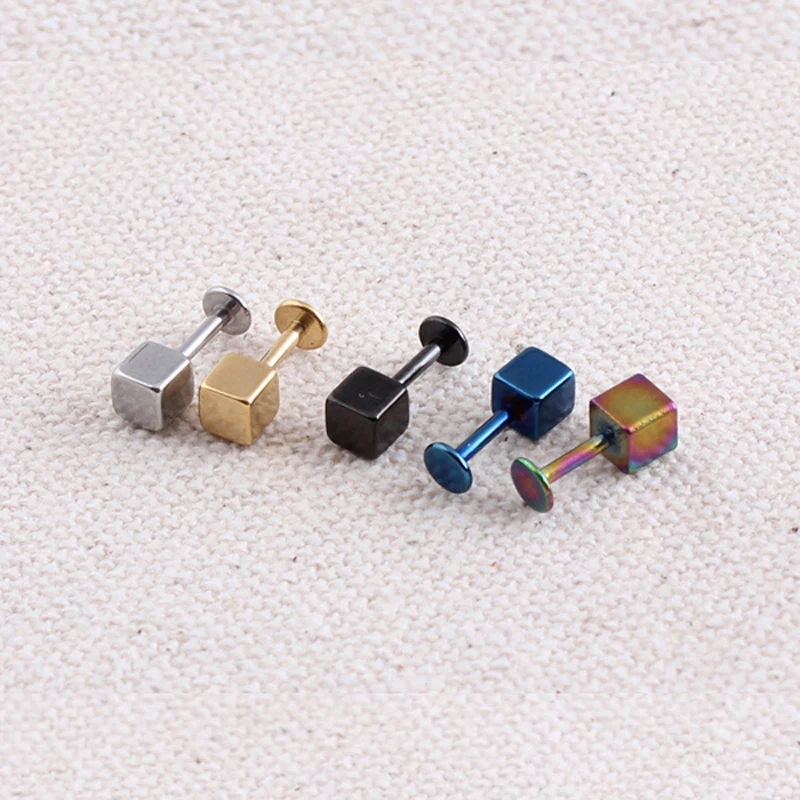 Alisouy 1pc Black Blue Gold Color Stainless Steel Square Cube Labret Lip Rings Nails Ear Stud Earrings Body Piercing Jewelry