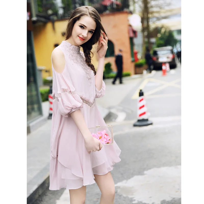 Summer Dress Women The European high-end fashion Hollow off the shoulder Chiffon Dress loose thin pink A-Line dress For Lady