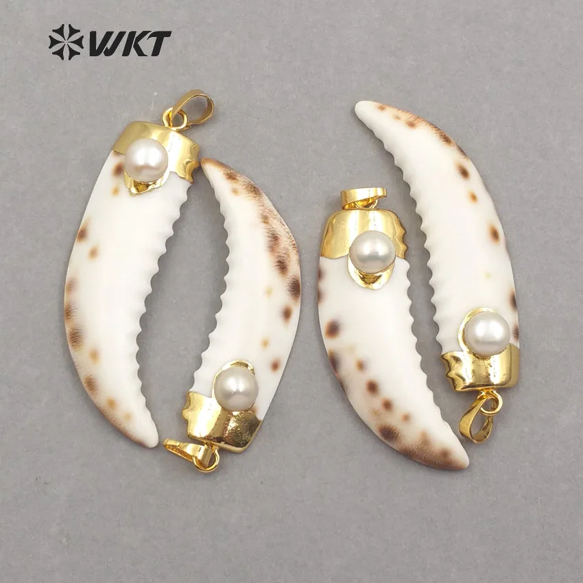 WT-JP072 WKT Natural shell pendant with freshwater pearl horn shape pendant for women jewelry making unique style