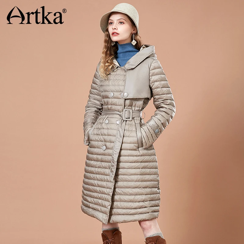 ARTKA 2018 Autumn and Winter Women Striped Long 90% White Duck Warm Down Coats Double Breasted Thin Hooded Parkas YK10585D