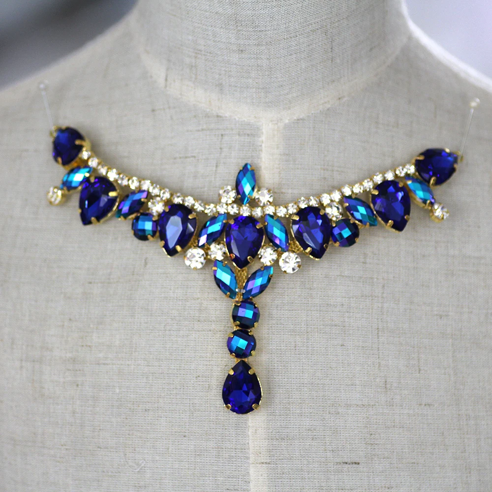 

Colorful Crystal Blue Rhinestone Applique Sew On Rhinestone forehead Decoration Formal Dress Neckline Decoration Dance Cloth