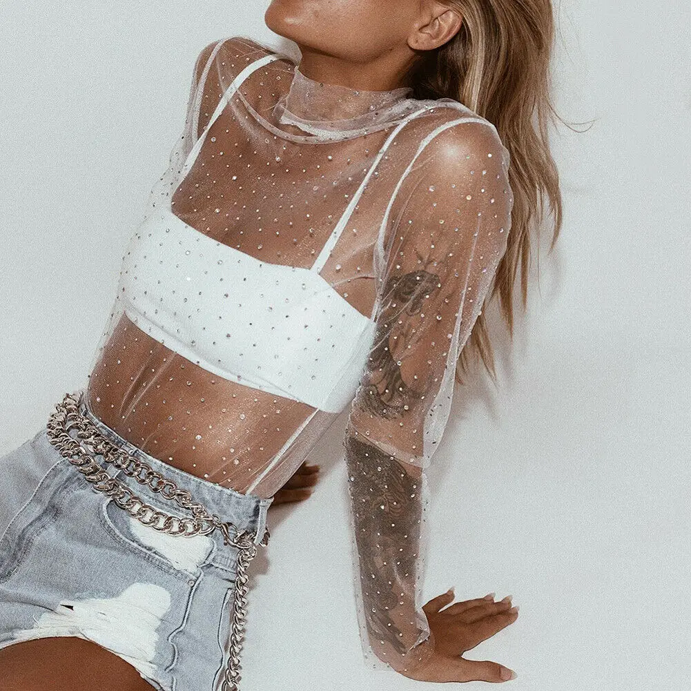 Sexy Frauen Boho Kleidung Sehen-durch Kristall Strass Pailletten Glitter Spitze Mesh Rollkragen Langarm Bluse Abdeckung-ups