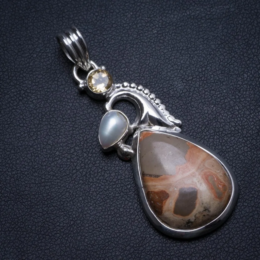 

Natural Poppya Jasper,River Pearl and Citrine Handmade Unique 925 Sterling Silver Pendant 2" X0384