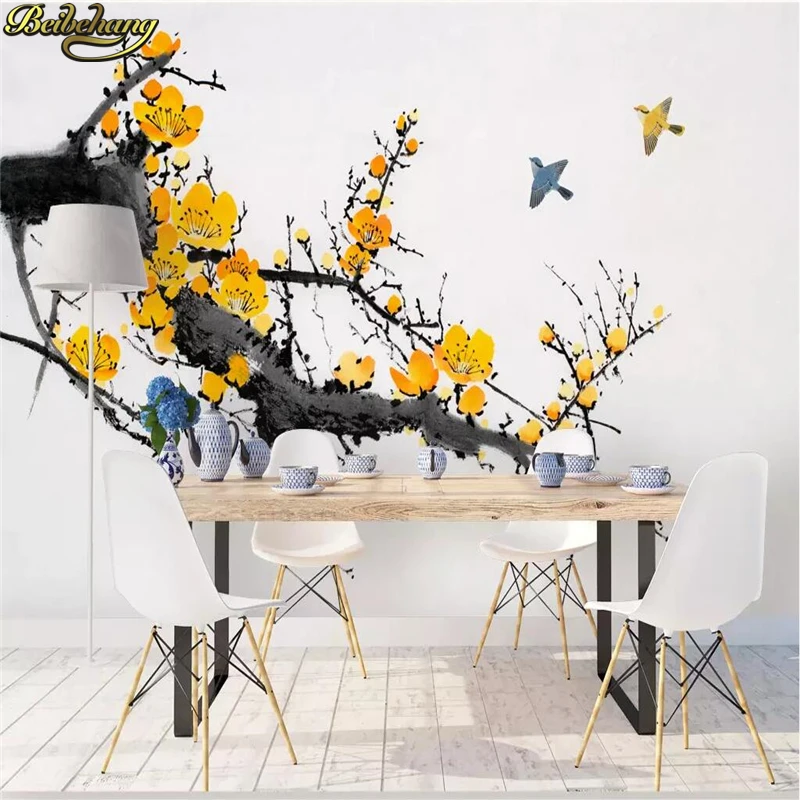 beibehang Custom Photo 3d Wallpaper Mural New Chinese hand-painted flowers and birds TV background wall ink pen papel de parede